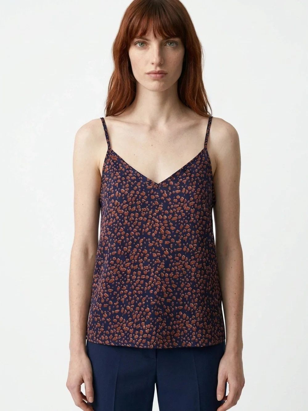 ENTRO | Navy Blue & Copper Animal Print V-Neck Cami Top Women’s Size Medium